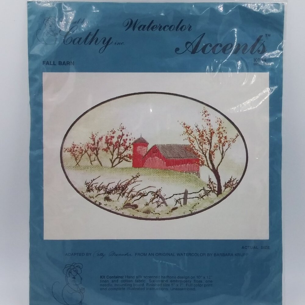 Vtg Crewel by Cathy Watercolor Accents Fall Barn